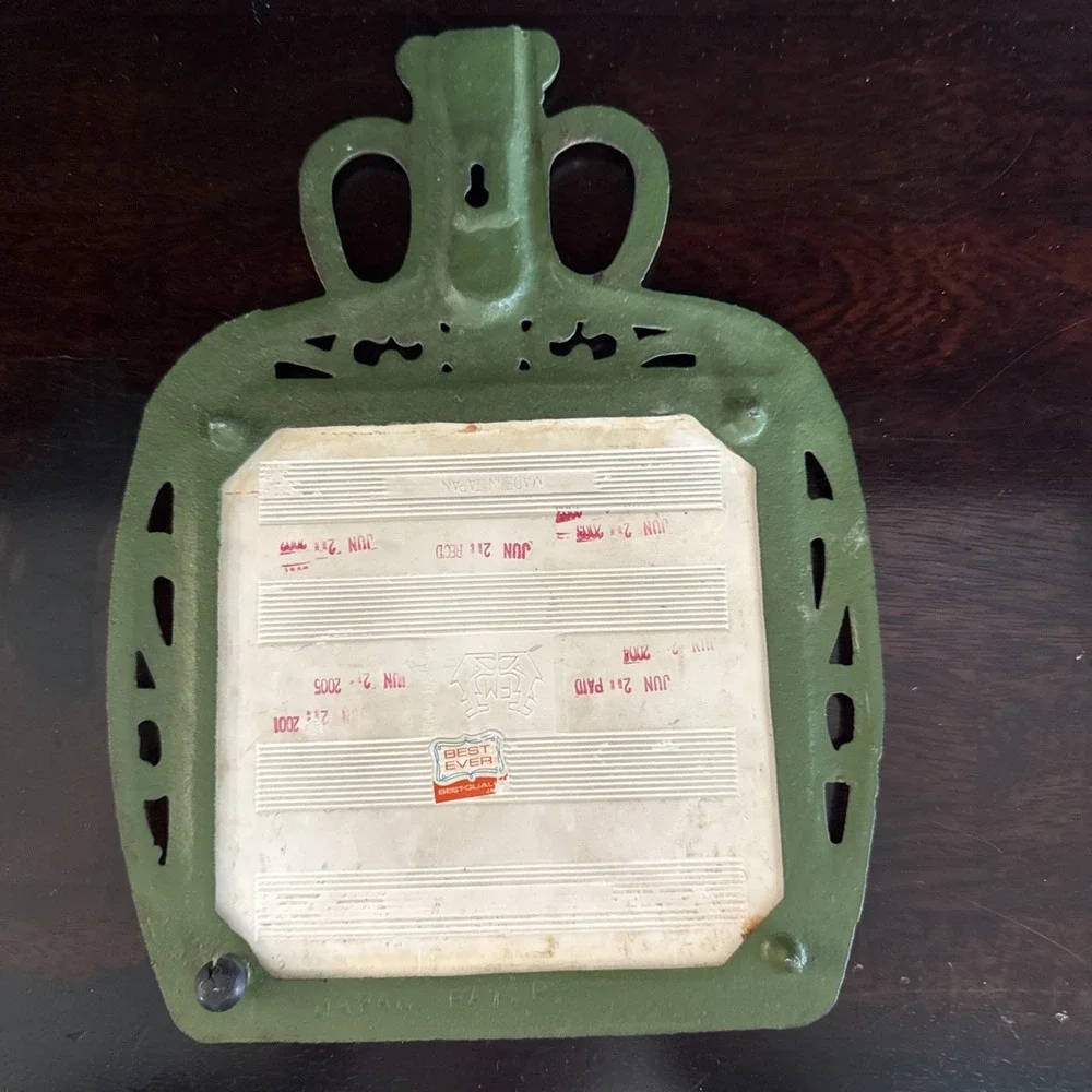 Vintage FM Japan Green Cast Iron & Tile Trivet w/Magnet Fruit Scene Used.